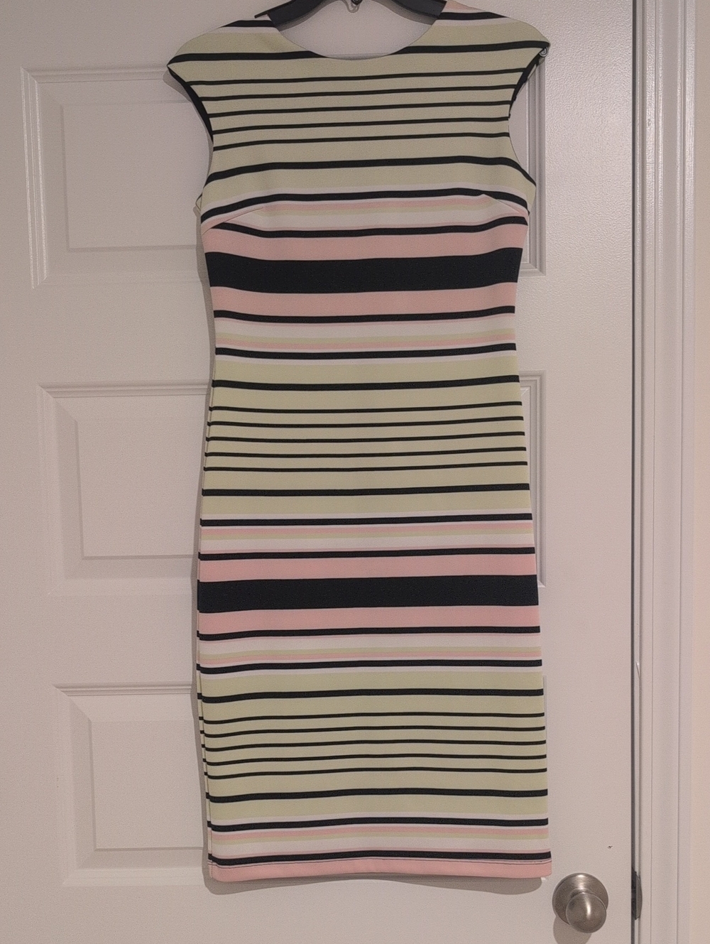 Enfocus Studio Striped Midi Sheath Dress in Pink, Black & Cream